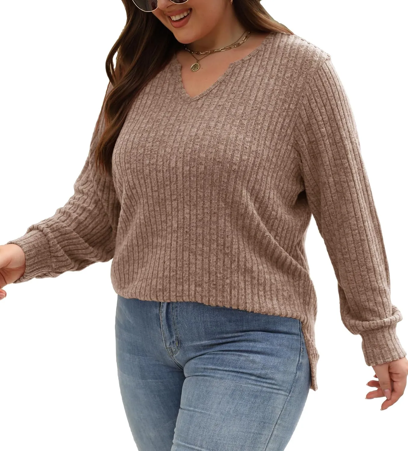 Gloria&Sarah Women's Casual Long Sleeve V Neck Lightweight Knitted Sweaters Loose Fit Plus Size Tunic Tops L-4XL