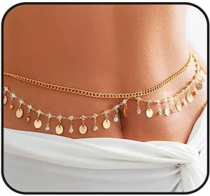 Gold Belly Chain Rhinestone Body Jewelry Chain Plated Waist Chains Layered Body Waist Summer Beach Bikini Jewelry for Women