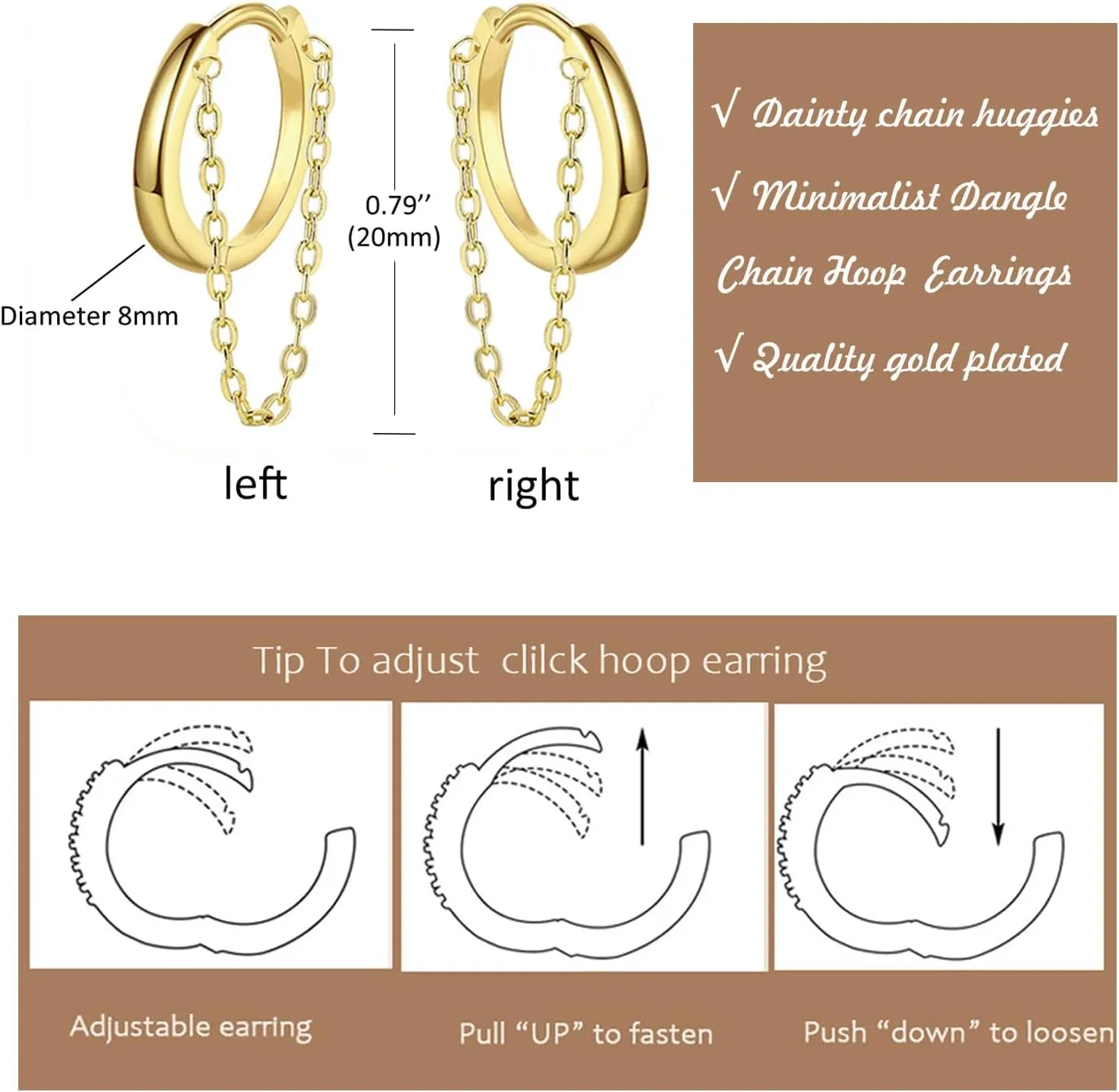 Gold Chain Earrings for Women, Minimalist Small Dangle Chain Huggie Hoop Earrings for Women