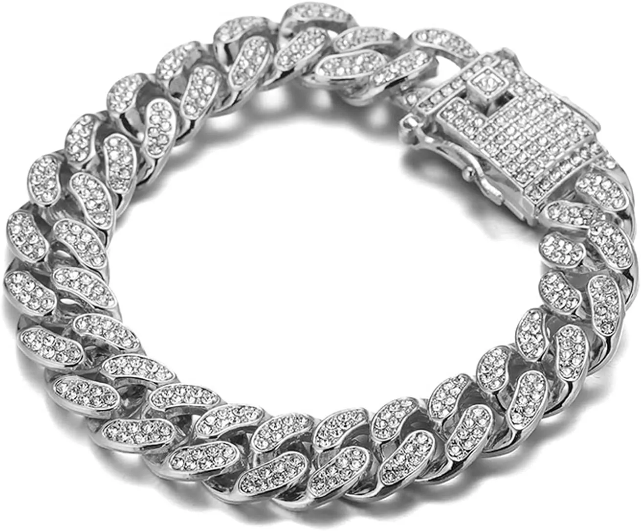 Gold Chain for Men Guys 14MM Wide Cuban Link Chain Silver Tone Iced Out Real White Gold Platinum Plated Bracelet Necklace Handset Diamonds Gift for Boyfriend Husband