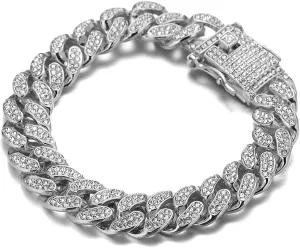 Gold Chain for Men Guys 14MM Wide Cuban Link Chain Silver Tone Iced Out Real White Gold Platinum Plated Bracelet Necklace Handset Diamonds Gift for Boyfriend Husband