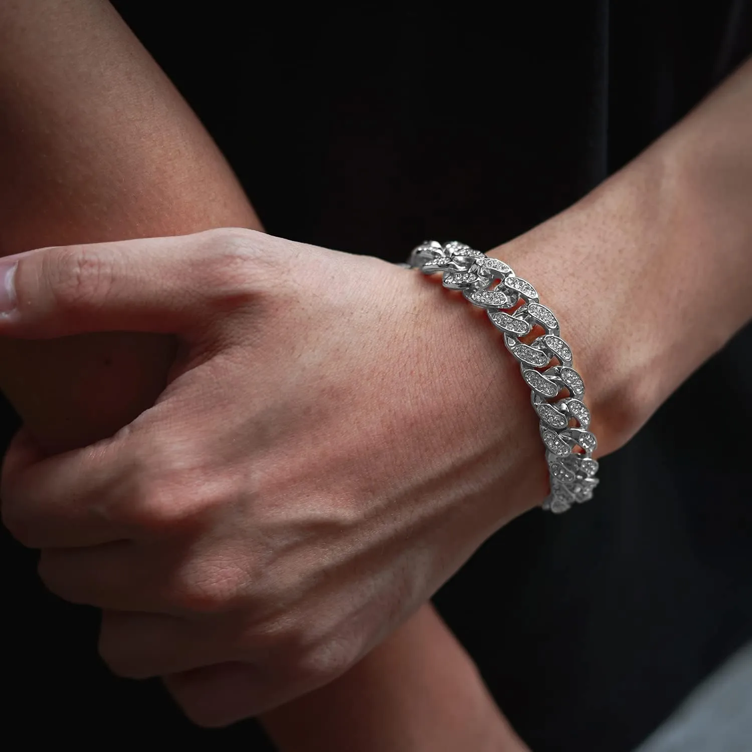 Gold Chain for Men Guys 14MM Wide Cuban Link Chain Silver Tone Iced Out Real White Gold Platinum Plated Bracelet Necklace Handset Diamonds Gift for Boyfriend Husband