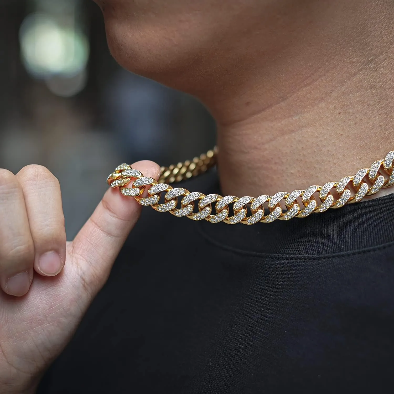 Gold Chain for Men Guys 14MM Wide Cuban Link Chain Silver Tone Iced Out Real White Gold Platinum Plated Bracelet Necklace Handset Diamonds Gift for Boyfriend Husband