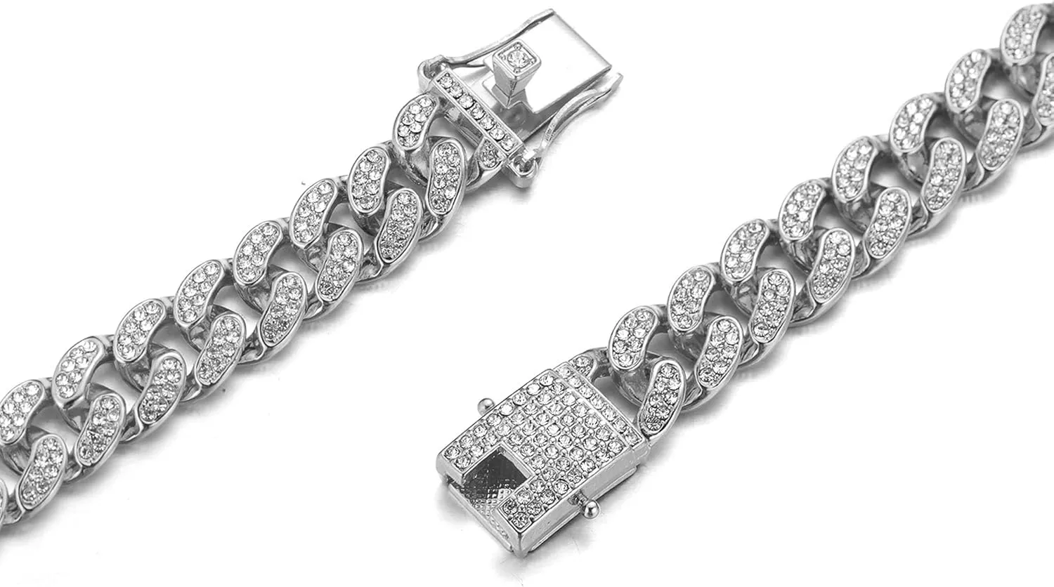 Gold Chain for Men Guys 14MM Wide Cuban Link Chain Silver Tone Iced Out Real White Gold Platinum Plated Bracelet Necklace Handset Diamonds Gift for Boyfriend Husband