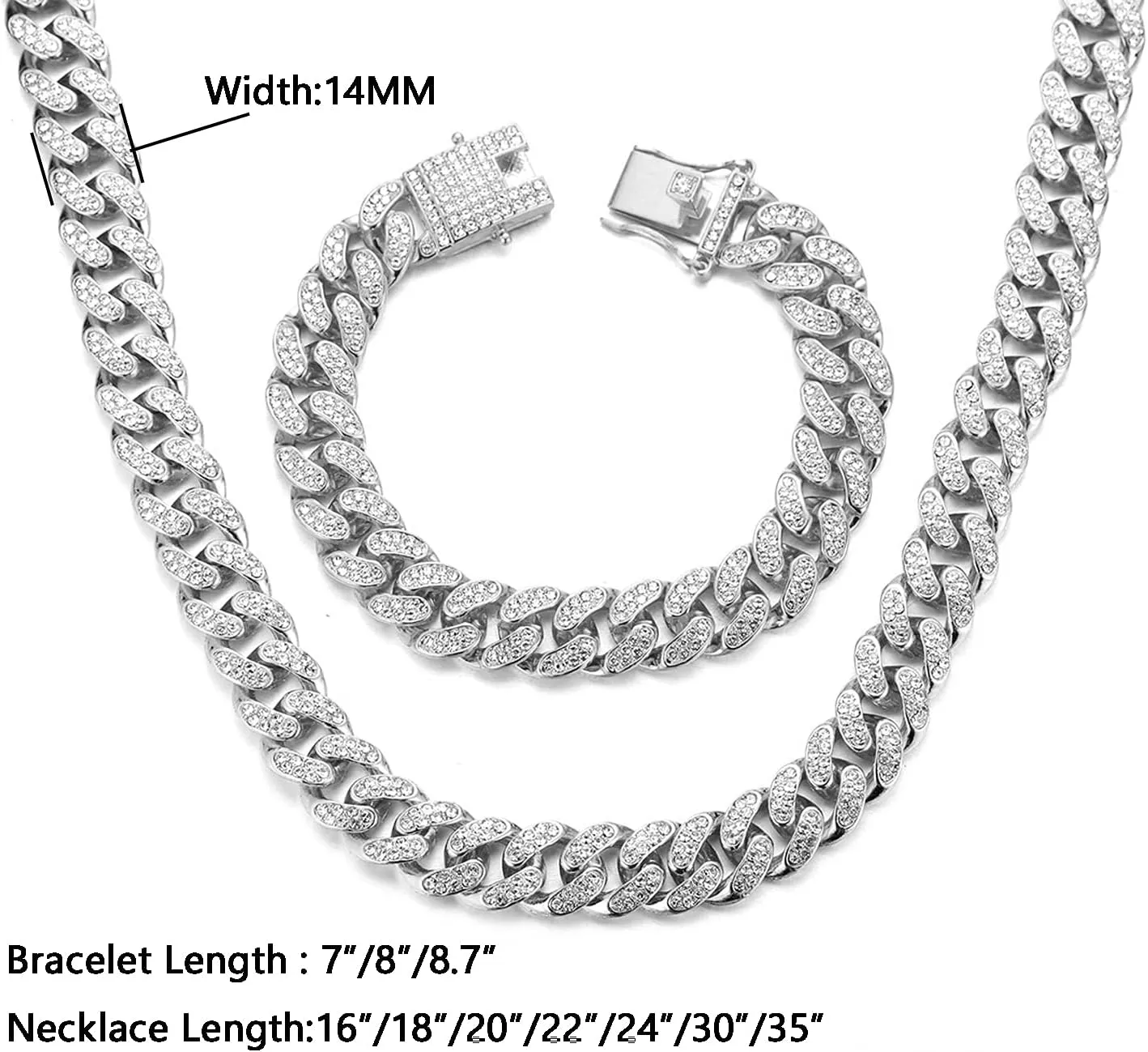 Gold Chain for Men Guys 14MM Wide Cuban Link Chain Silver Tone Iced Out Real White Gold Platinum Plated Bracelet Necklace Handset Diamonds Gift for Boyfriend Husband
