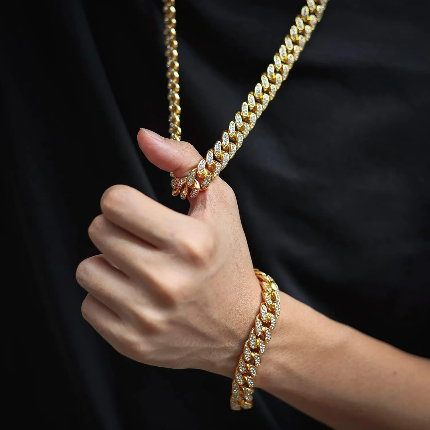 Gold Chain for Men Guys 14MM Wide Cuban Link Chain Silver Tone Iced Out Real White Gold Platinum Plated Bracelet Necklace Handset Diamonds Gift for Boyfriend Husband