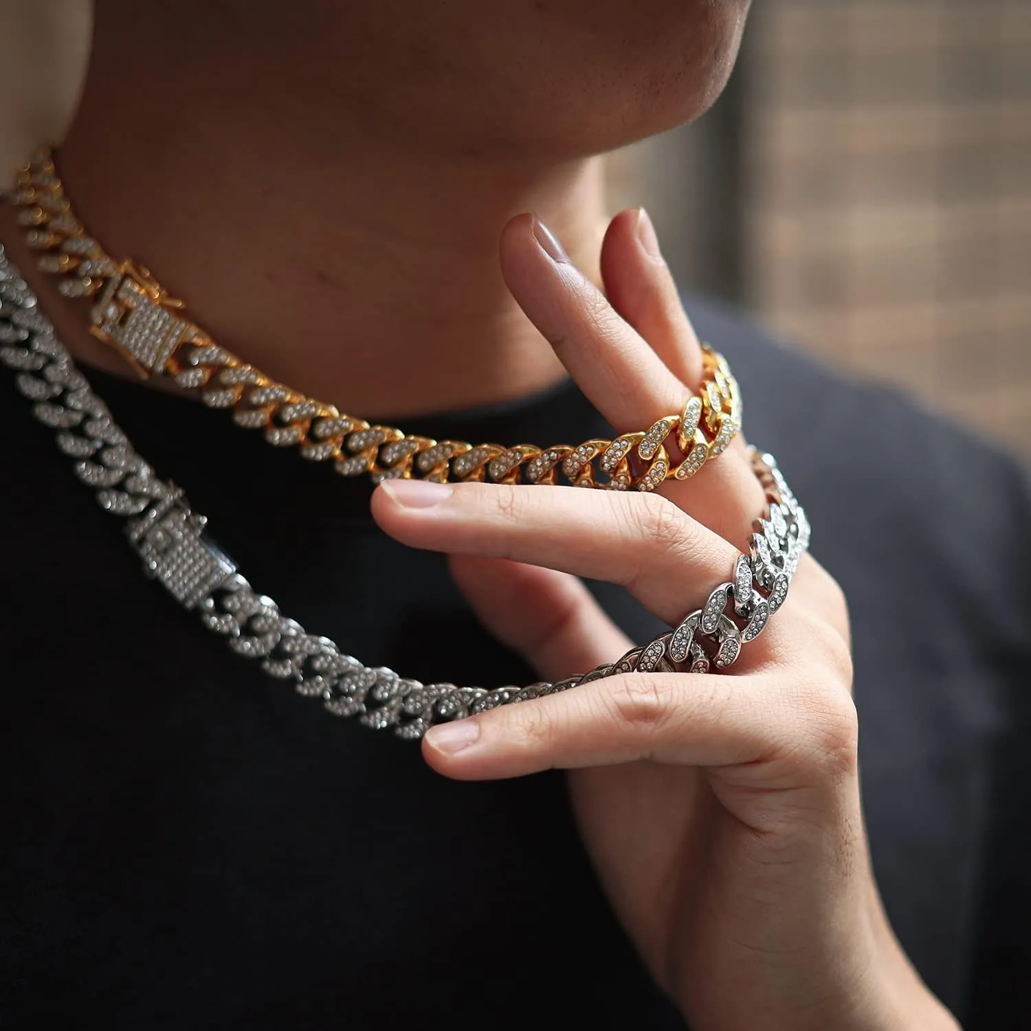 Gold Chain for Men Guys 14MM Wide Cuban Link Chain Silver Tone Iced Out Real White Gold Platinum Plated Bracelet Necklace Handset Diamonds Gift for Boyfriend Husband