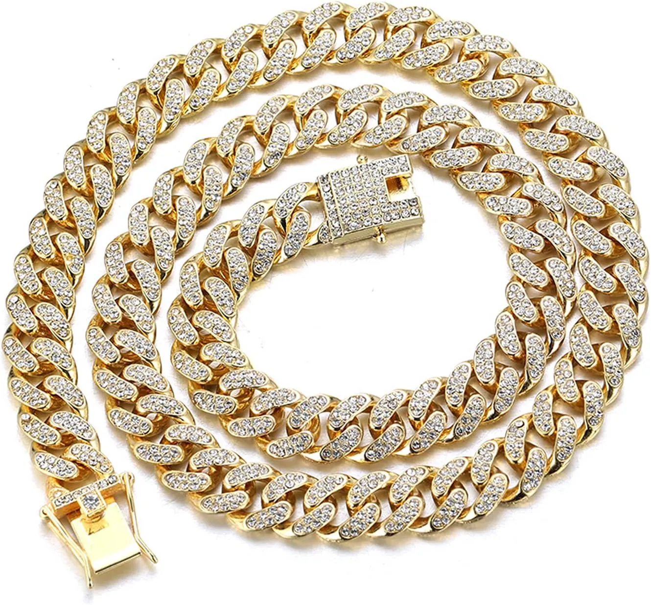 Gold Chain for Men Guys 14MM Wide Cuban Link Chain Silver Tone Iced Out Real White Gold Platinum Plated Bracelet Necklace Handset Diamonds Gift for Boyfriend Husband