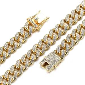 Gold Chain for Men Guys 14MM Wide Cuban Link Chain Silver Tone Iced Out Real White Gold Platinum Plated Bracelet Necklace Handset Diamonds Gift for Boyfriend Husband