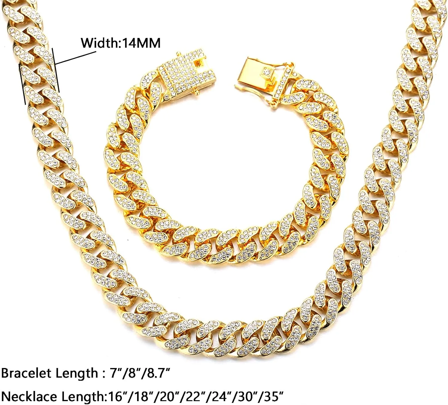 Gold Chain for Men Guys 14MM Wide Cuban Link Chain Silver Tone Iced Out Real White Gold Platinum Plated Bracelet Necklace Handset Diamonds Gift for Boyfriend Husband
