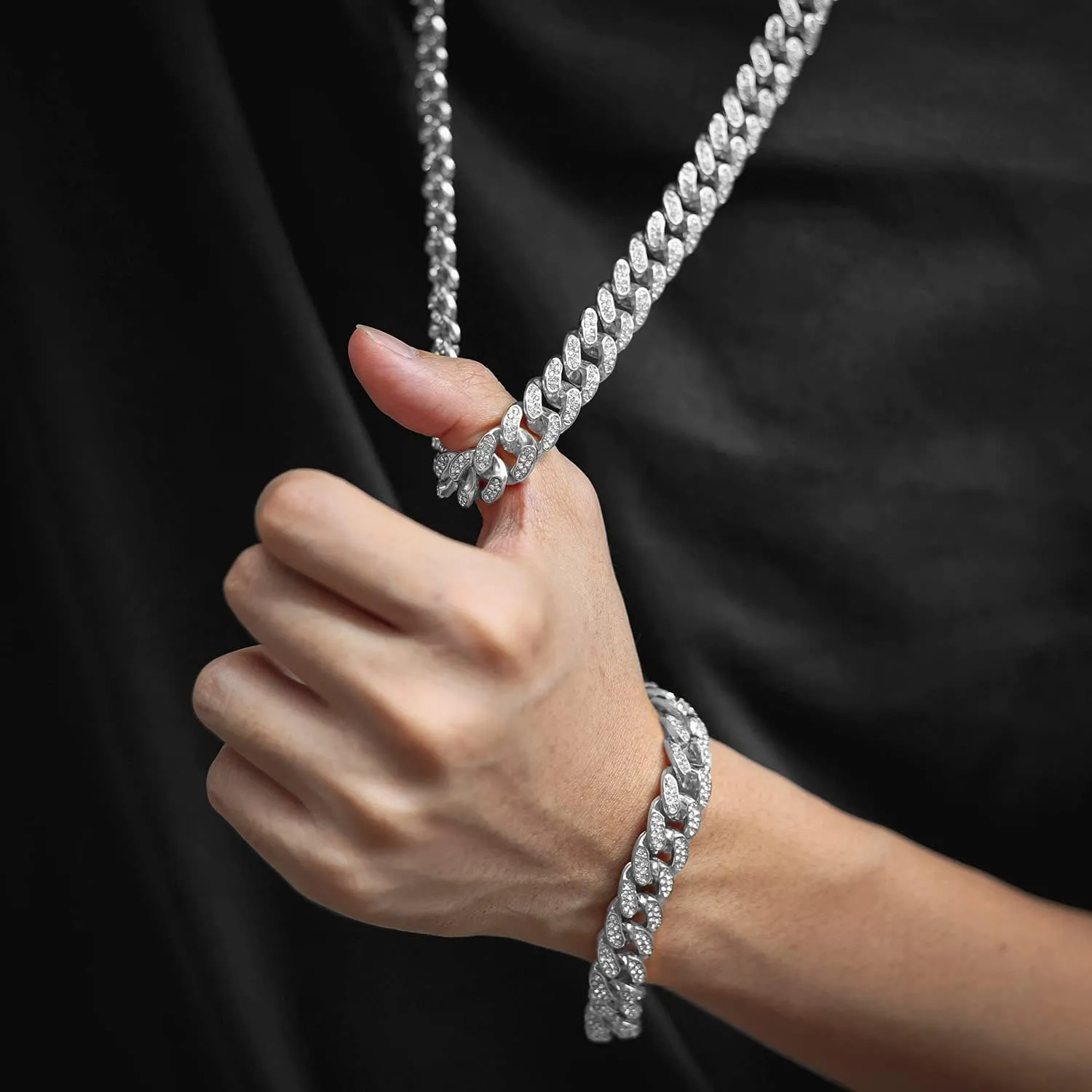 Gold Chain for Men Guys 14MM Wide Cuban Link Chain Silver Tone Iced Out Real White Gold Platinum Plated Bracelet Necklace Handset Diamonds Gift for Boyfriend Husband