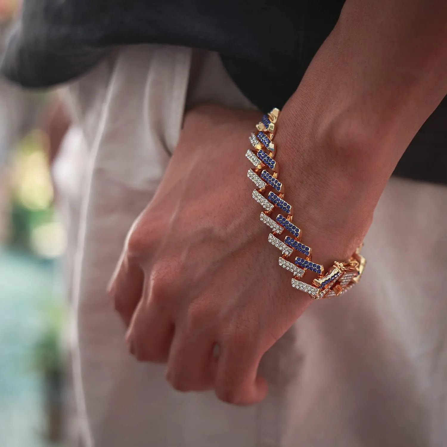 Gold Chain for Men Guys Cuban Link Chain Iced Out 15mm Wide Silver Tone Color Multiple Colour Diamonds Real White Gold Platinum Plated Bracelet Necklace Handset Diamonds Gift for Boyfriend Husband