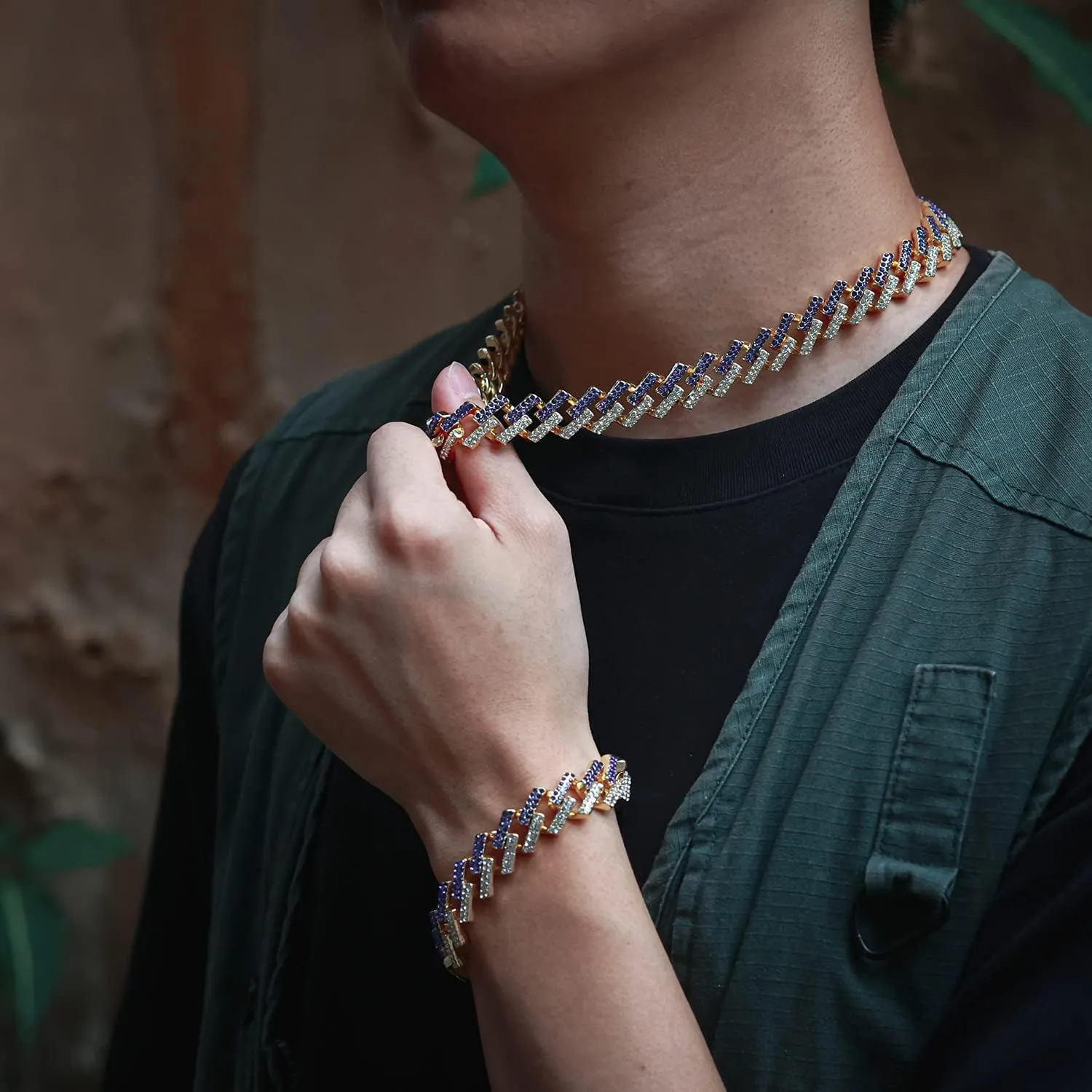 Gold Chain for Men Guys Cuban Link Chain Iced Out 15mm Wide Silver Tone Color Multiple Colour Diamonds Real White Gold Platinum Plated Bracelet Necklace Handset Diamonds Gift for Boyfriend Husband