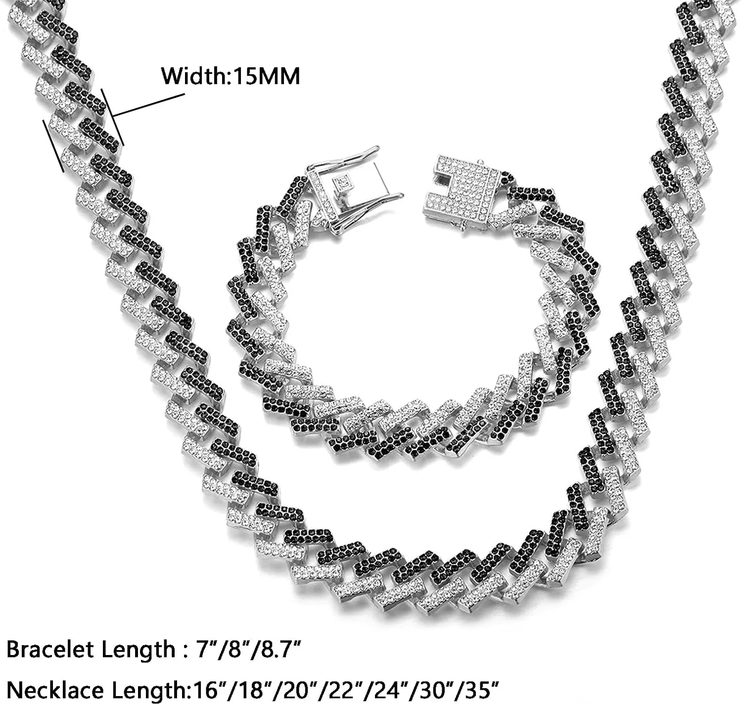 Gold Chain for Men Guys Cuban Link Chain Iced Out 15mm Wide Silver Tone Color Multiple Colour Diamonds Real White Gold Platinum Plated Bracelet Necklace Handset Diamonds Gift for Boyfriend Husband