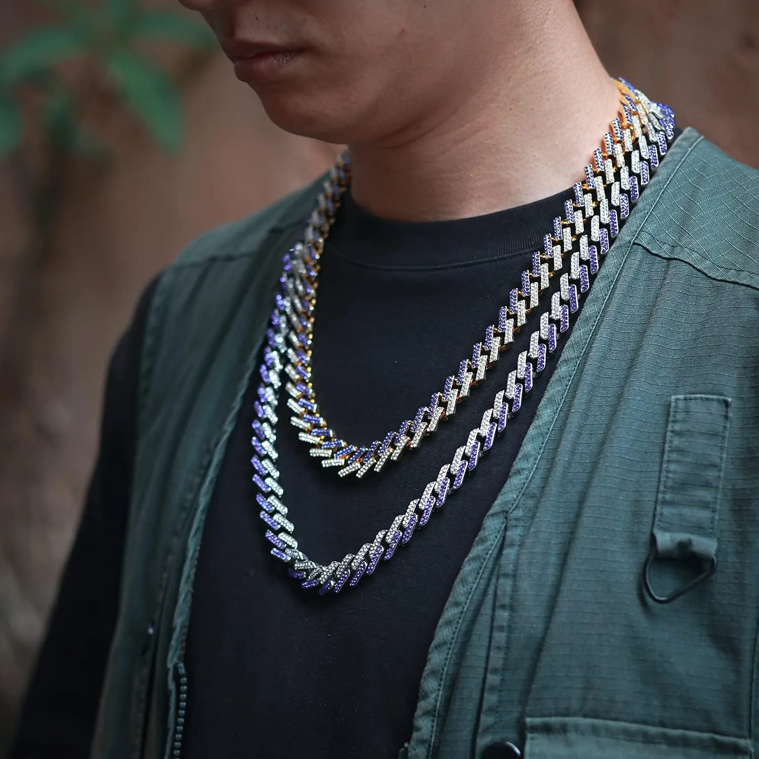 Gold Chain for Men Guys Cuban Link Chain Iced Out 15mm Wide Silver Tone Color Multiple Colour Diamonds Real White Gold Platinum Plated Bracelet Necklace Handset Diamonds Gift for Boyfriend Husband