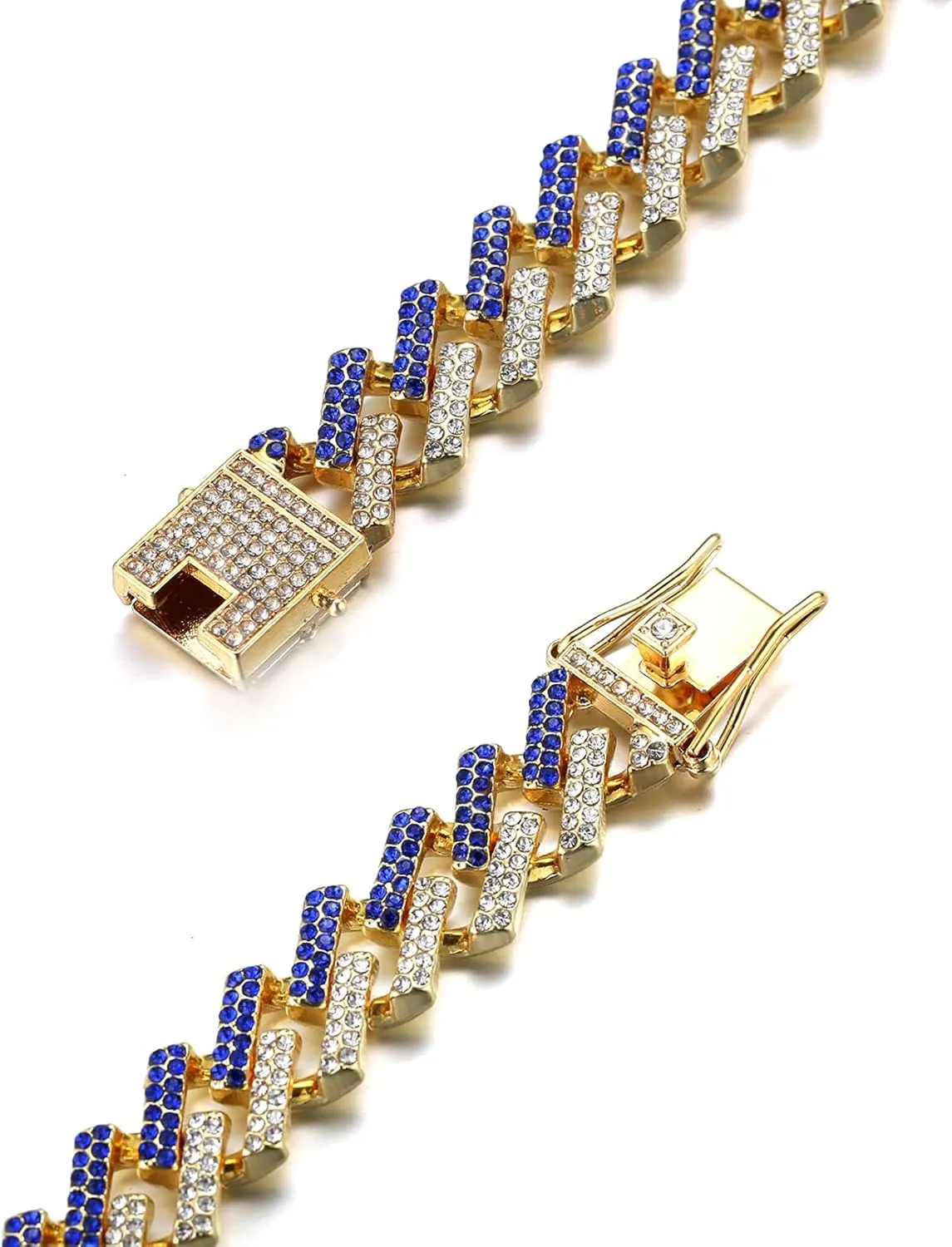 Gold Chain for Men Guys Cuban Link Chain Iced Out 15mm Wide Silver Tone Color Multiple Colour Diamonds Real White Gold Platinum Plated Bracelet Necklace Handset Diamonds Gift for Boyfriend Husband