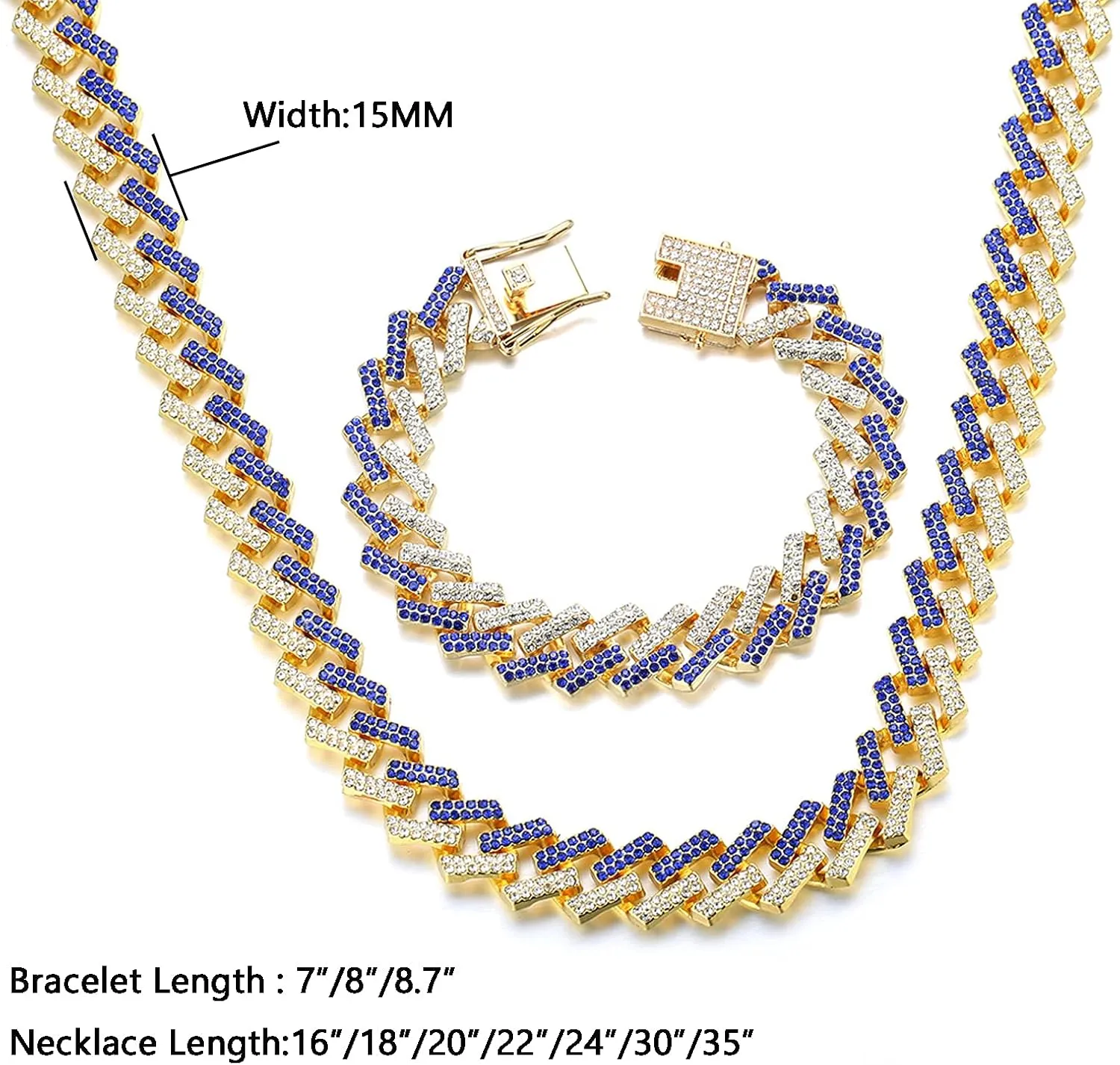 Gold Chain for Men Guys Cuban Link Chain Iced Out 15mm Wide Silver Tone Color Multiple Colour Diamonds Real White Gold Platinum Plated Bracelet Necklace Handset Diamonds Gift for Boyfriend Husband