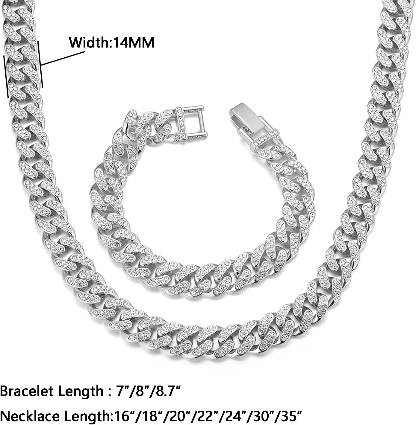 Gold Chain for Men Guys Cuban Link Chain Iced Out Big Dog 14MM Wide Silver Tone Real White Gold Platinum Plated Bracelet Necklace Handset Diamonds Gift for Boyfriend Husband