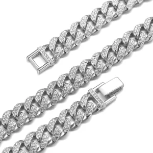 Gold Chain for Men Guys Cuban Link Chain Iced Out Big Dog 14MM Wide Silver Tone Real White Gold Platinum Plated Bracelet Necklace Handset Diamonds Gift for Boyfriend Husband