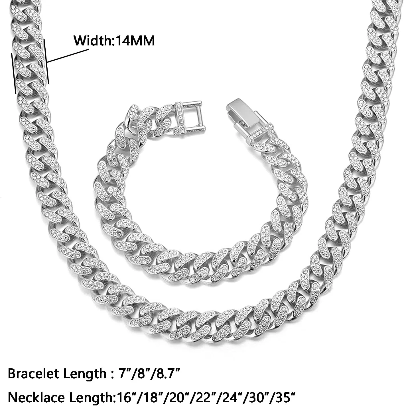 Gold Chain for Men Guys Cuban Link Chain Iced Out Big Dog 14MM Wide Silver Tone Real White Gold Platinum Plated Bracelet Necklace Handset Diamonds Gift for Boyfriend Husband