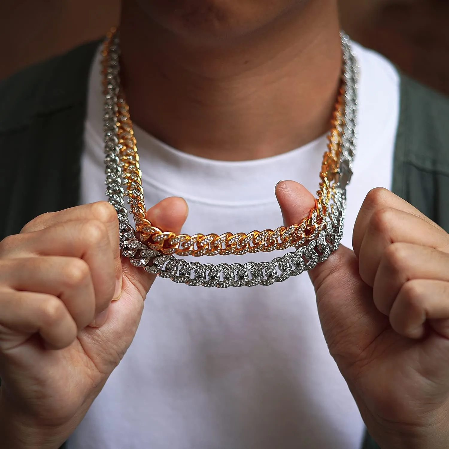 Gold Chain for Men Guys Cuban Link Chain Iced Out Big Dog 14MM Wide Silver Tone Real White Gold Platinum Plated Bracelet Necklace Handset Diamonds Gift for Boyfriend Husband