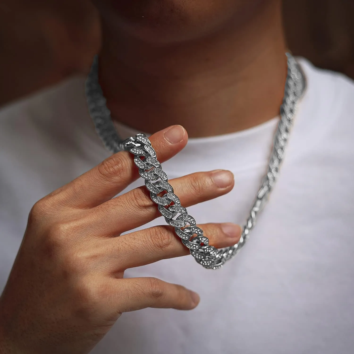 Gold Chain for Men Guys Cuban Link Chain Iced Out Big Dog 14MM Wide Silver Tone Real White Gold Platinum Plated Bracelet Necklace Handset Diamonds Gift for Boyfriend Husband