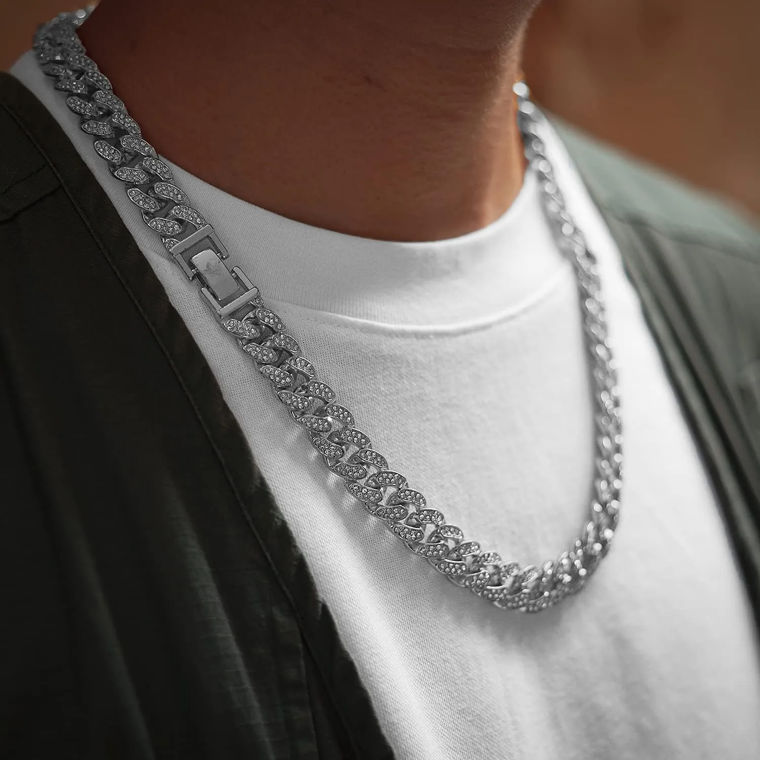Gold Chain for Men Guys Cuban Link Chain Iced Out Big Dog 14MM Wide Silver Tone Real White Gold Platinum Plated Bracelet Necklace Handset Diamonds Gift for Boyfriend Husband
