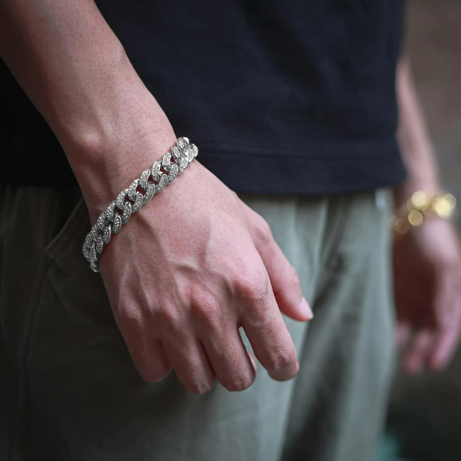 Gold Chain for Men Guys Cuban Link Chain Iced Out Big Dog 14MM Wide Silver Tone Real White Gold Platinum Plated Bracelet Necklace Handset Diamonds Gift for Boyfriend Husband