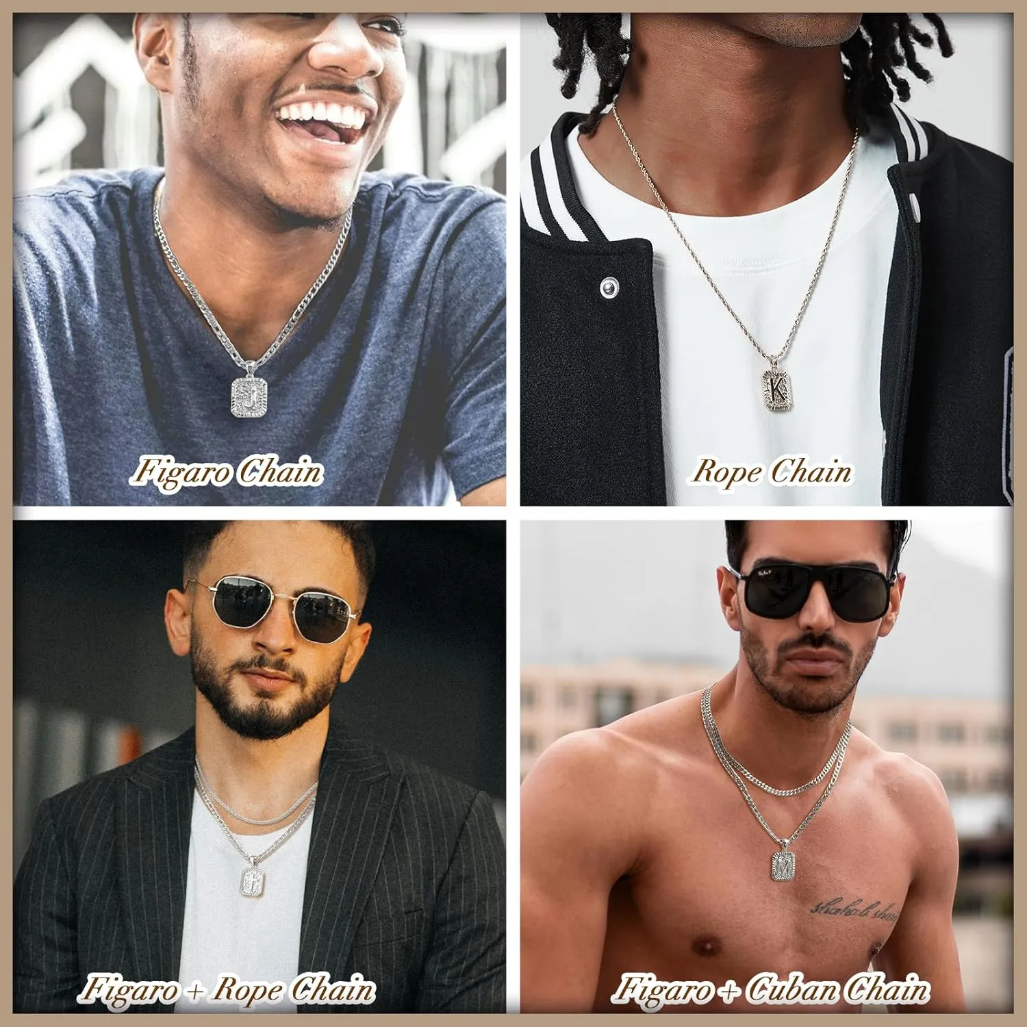Gold Initial Necklaces for Men 18k Gold Plated Letter A-Z Pendant With Stainless Steel Figaro/Rope/Cuban Chain, Mens Cross Letter Necklace for Christmas Birthday Religious Gifts