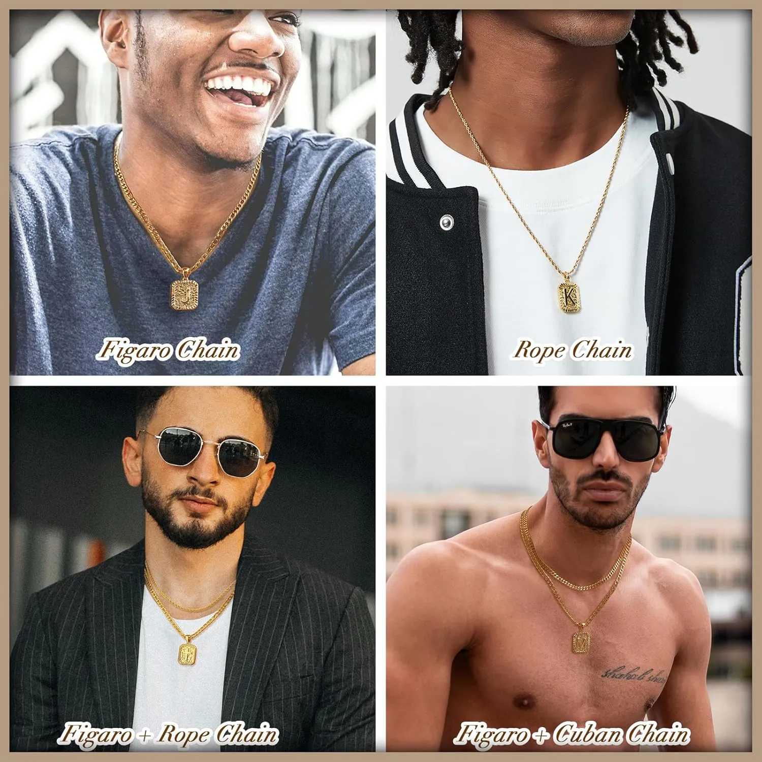 Gold Initial Necklaces for Men 18k Gold Plated Letter A-Z Pendant With Stainless Steel Figaro/Rope/Cuban Chain, Mens Cross Letter Necklace for Christmas Birthday Religious Gifts