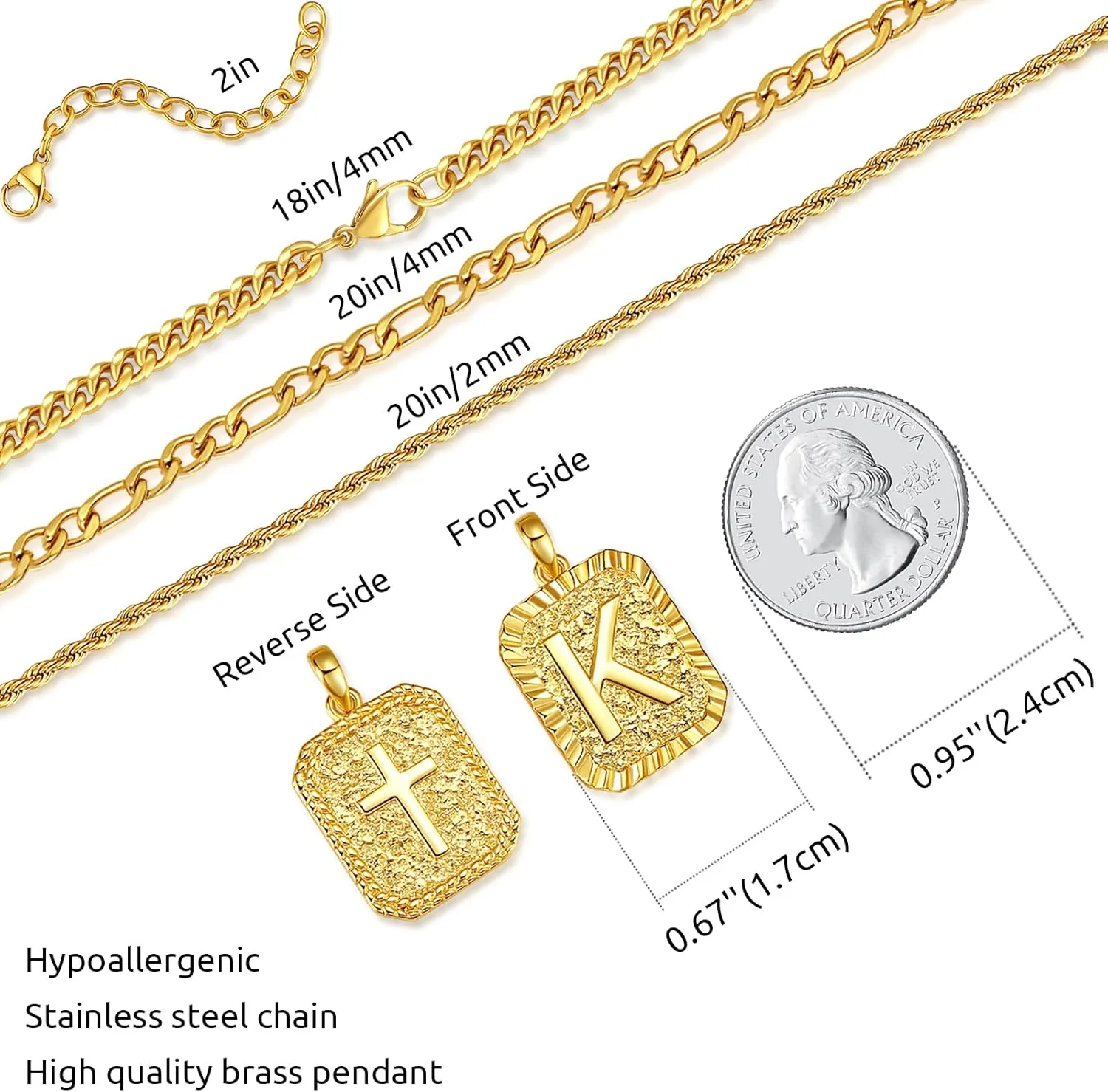 Gold Initial Necklaces for Men 18k Gold Plated Letter A-Z Pendant With Stainless Steel Figaro/Rope/Cuban Chain, Mens Cross Letter Necklace for Christmas Birthday Religious Gifts