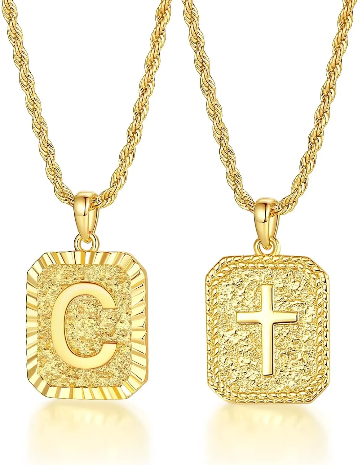Gold Initial Necklaces for Men and Women, 18K Gold Plated Letter A-Z Cross Pendant with Adjustable Rope Chain, Letter Necklace for Women and Men