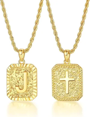 Gold Initial Necklaces for Men and Women, 18K Gold Plated Letter A-Z Cross Pendant with Adjustable Rope Chain, Letter Necklace for Women and Men