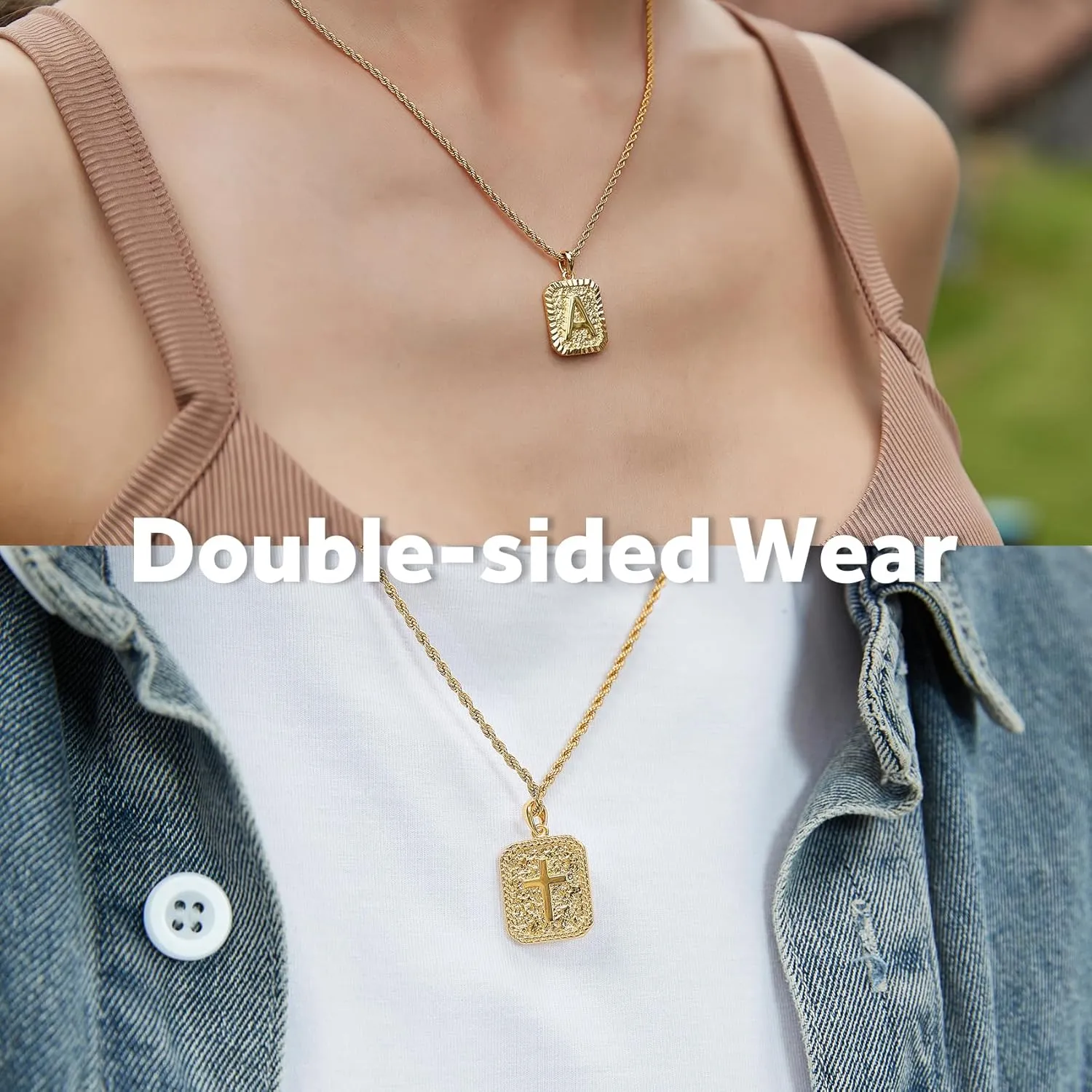 Gold Initial Necklaces for Men and Women, 18K Gold Plated Letter A-Z Cross Pendant with Adjustable Rope Chain, Letter Necklace for Women and Men
