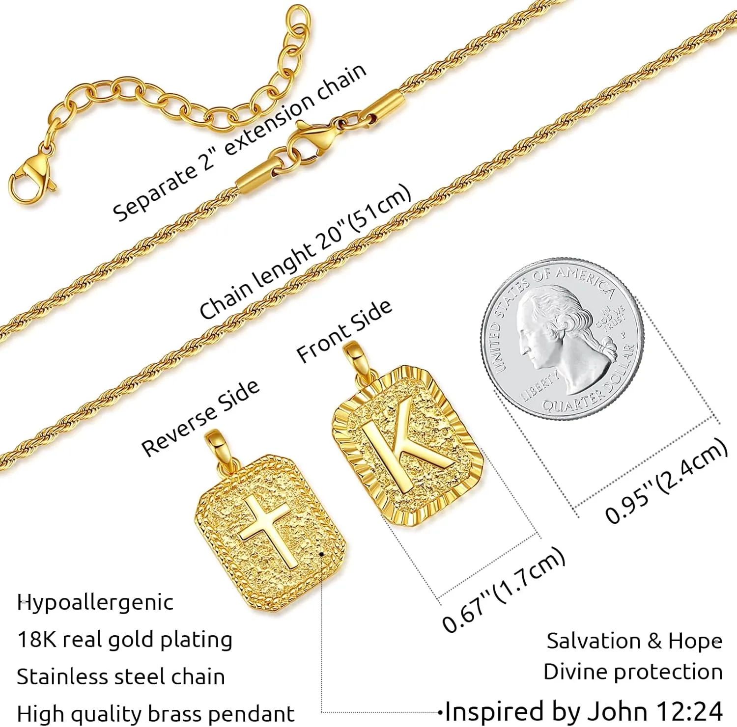 Gold Initial Necklaces for Men and Women, 18K Gold Plated Letter A-Z Cross Pendant with Adjustable Rope Chain, Letter Necklace for Women and Men