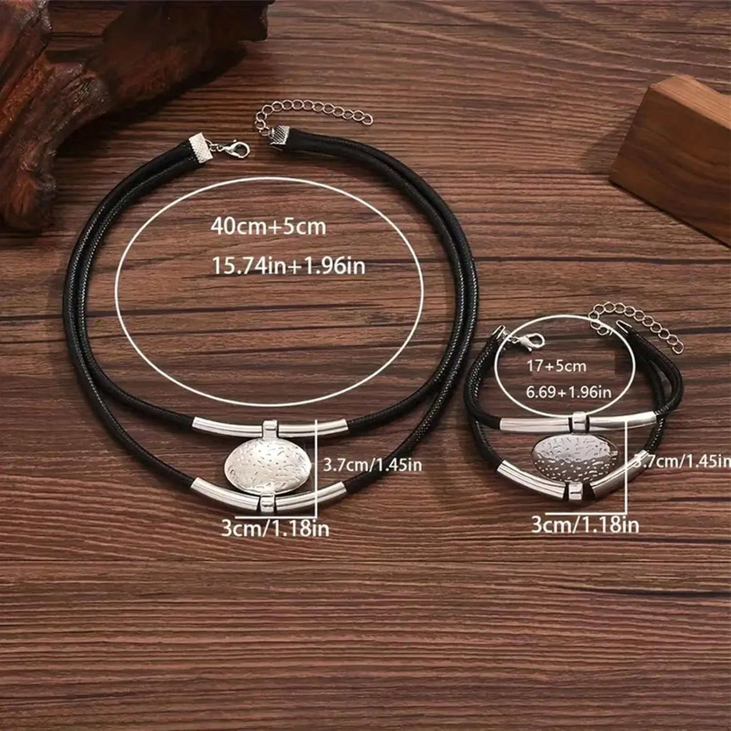 Gold Jewelry Set, Bohemian Double-Layer Black Rope With Oval Black Acrylic Pendant Necklace And Bracelet Set Vintage Trendy Golden Necklaces Bracelets For Women Gift