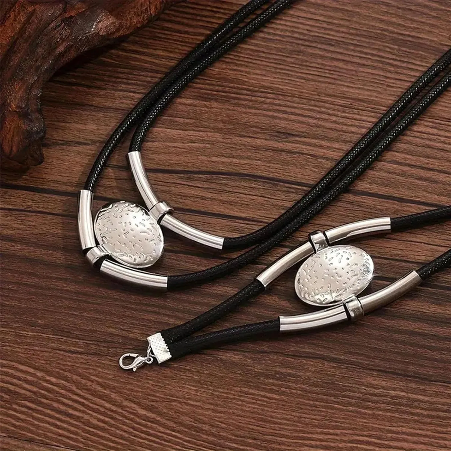 Gold Jewelry Set, Bohemian Double-Layer Black Rope With Oval Black Acrylic Pendant Necklace And Bracelet Set Vintage Trendy Golden Necklaces Bracelets For Women Gift