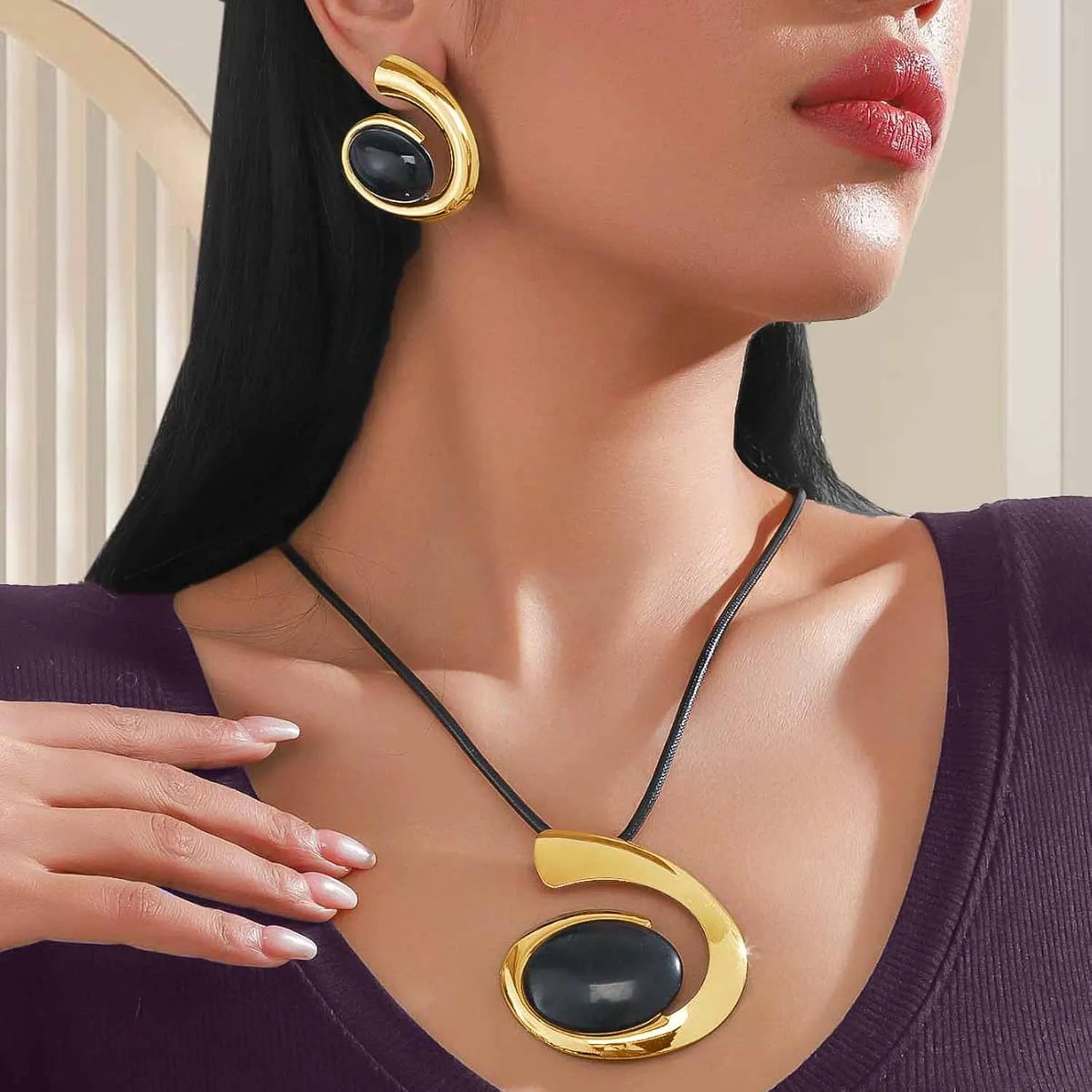 Gold Jewelry Set, Bohemian Double-Layer Black Rope With Oval Black Acrylic Pendant Necklace And Bracelet Set Vintage Trendy Golden Necklaces Bracelets For Women Gift