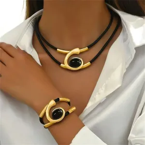 Gold Jewelry Set, Bohemian Double-Layer Black Rope With Oval Black Acrylic Pendant Necklace And Bracelet Set Vintage Trendy Golden Necklaces Bracelets For Women Gift