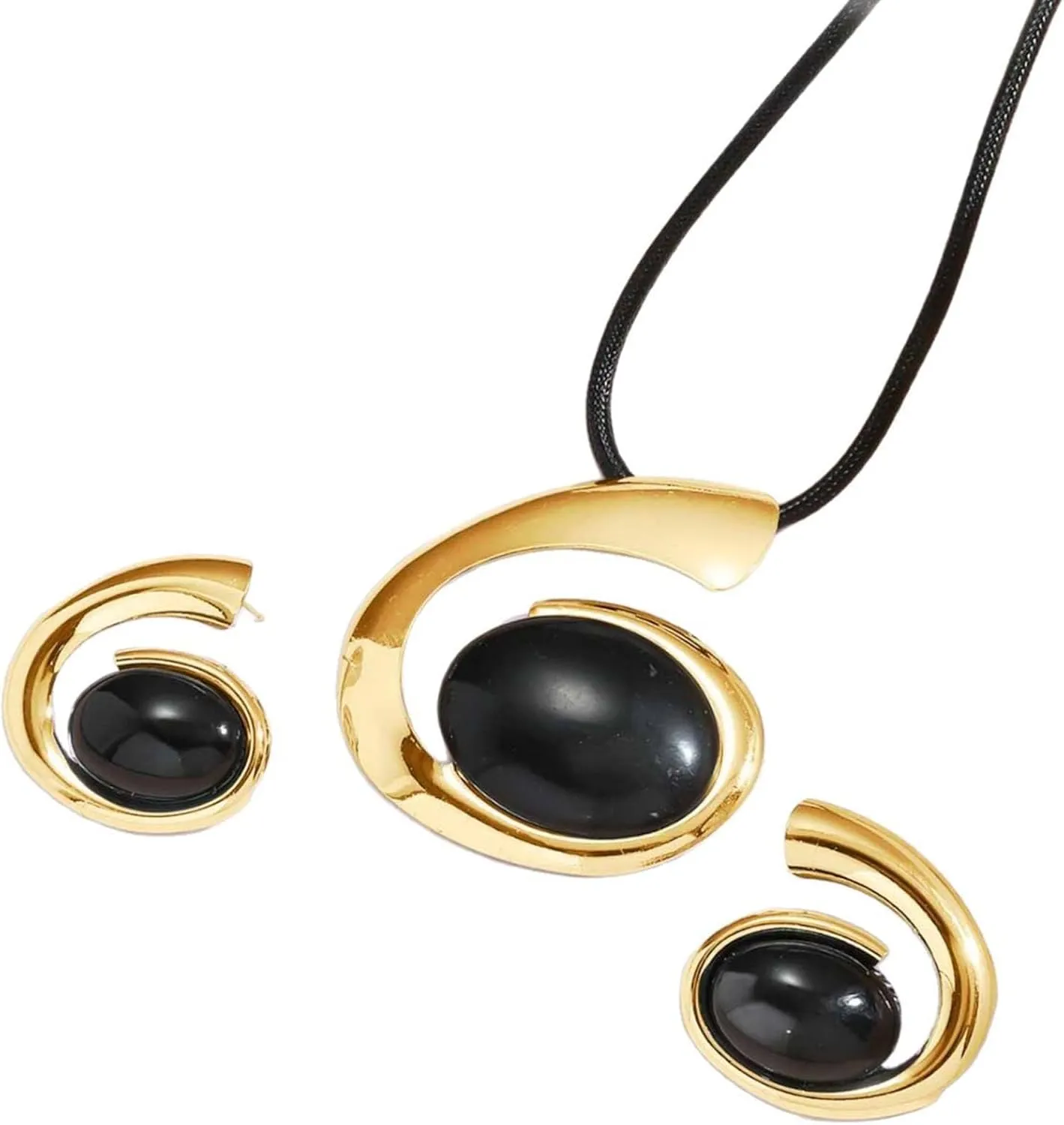 Gold Jewelry Set, Bohemian Double-Layer Black Rope With Oval Black Acrylic Pendant Necklace And Bracelet Set Vintage Trendy Golden Necklaces Bracelets For Women Gift