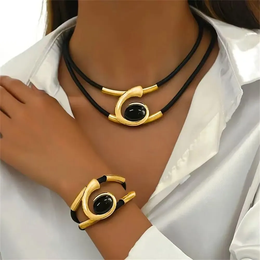 Gold Jewelry Set, Bohemian Double-Layer Black Rope With Oval Black Acrylic Pendant Necklace And Bracelet Set Vintage Trendy Golden Necklaces Bracelets For Women Gift