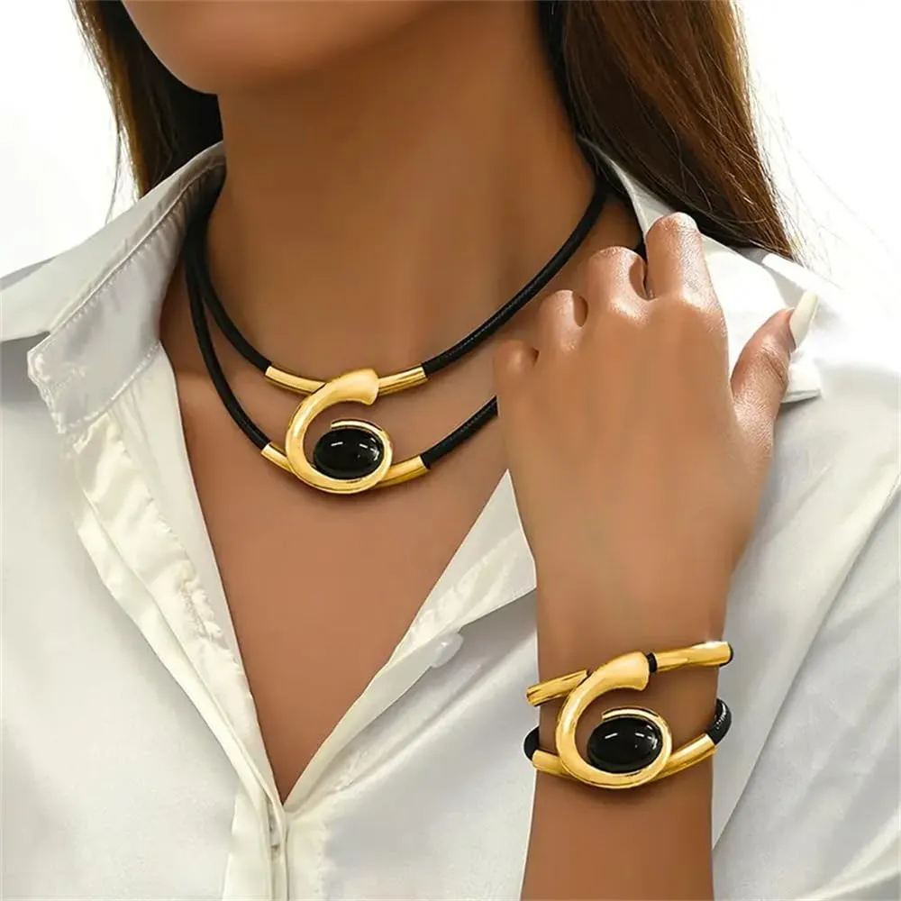 Gold Jewelry Set, Bohemian Double-Layer Black Rope With Oval Black Acrylic Pendant Necklace And Bracelet Set Vintage Trendy Golden Necklaces Bracelets For Women Gift