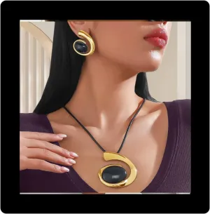 Gold Jewelry Set, Bohemian Double-Layer Black Rope With Oval Black Acrylic Pendant Necklace And Bracelet Set Vintage Trendy Golden Necklaces Bracelets For Women Gift