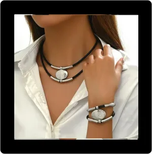 Gold Jewelry Set, Bohemian Double-Layer Black Rope With Oval Black Acrylic Pendant Necklace And Bracelet Set Vintage Trendy Golden Necklaces Bracelets For Women Gift