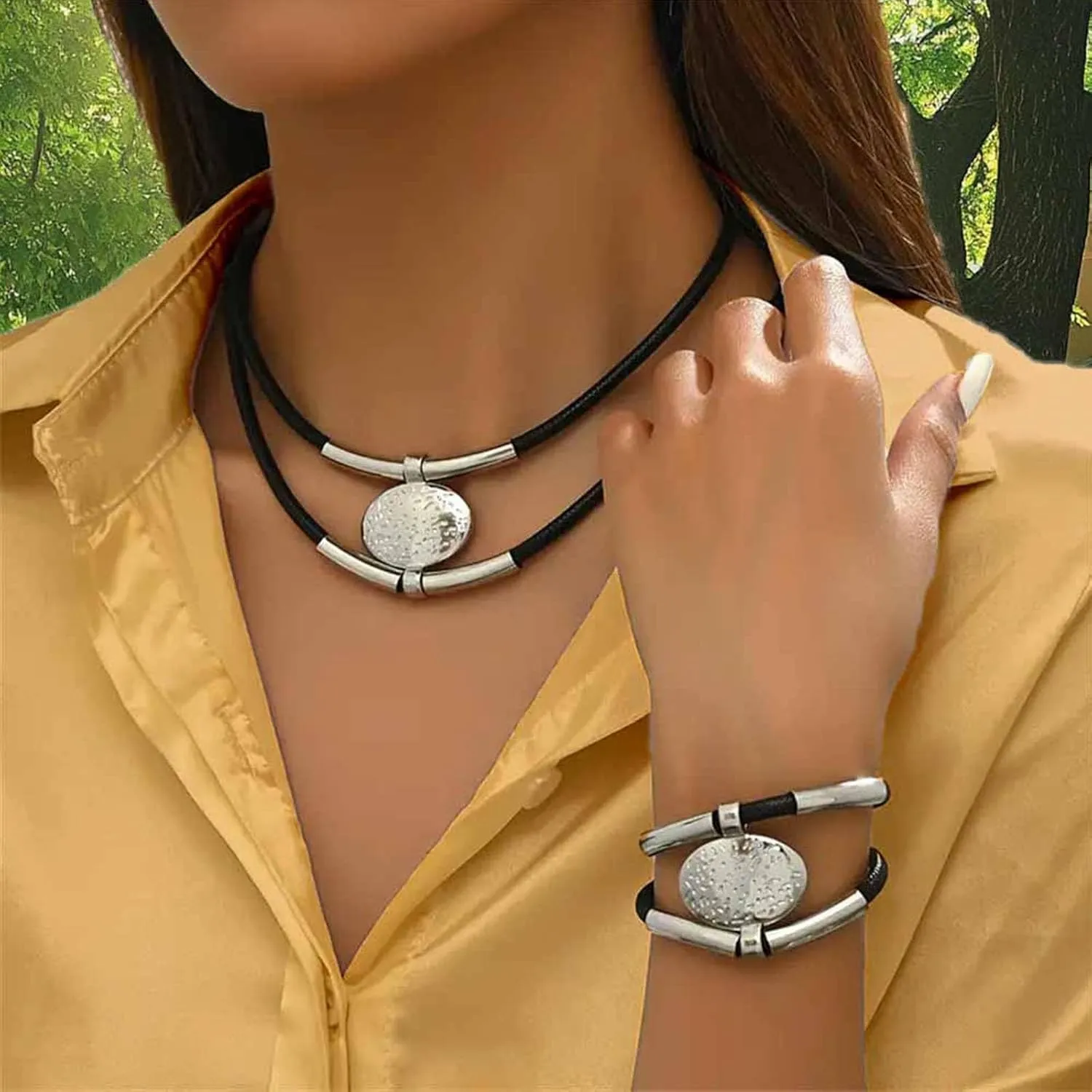 Gold Jewelry Set, Bohemian Double-Layer Black Rope With Oval Black Acrylic Pendant Necklace And Bracelet Set Vintage Trendy Golden Necklaces Bracelets For Women Gift