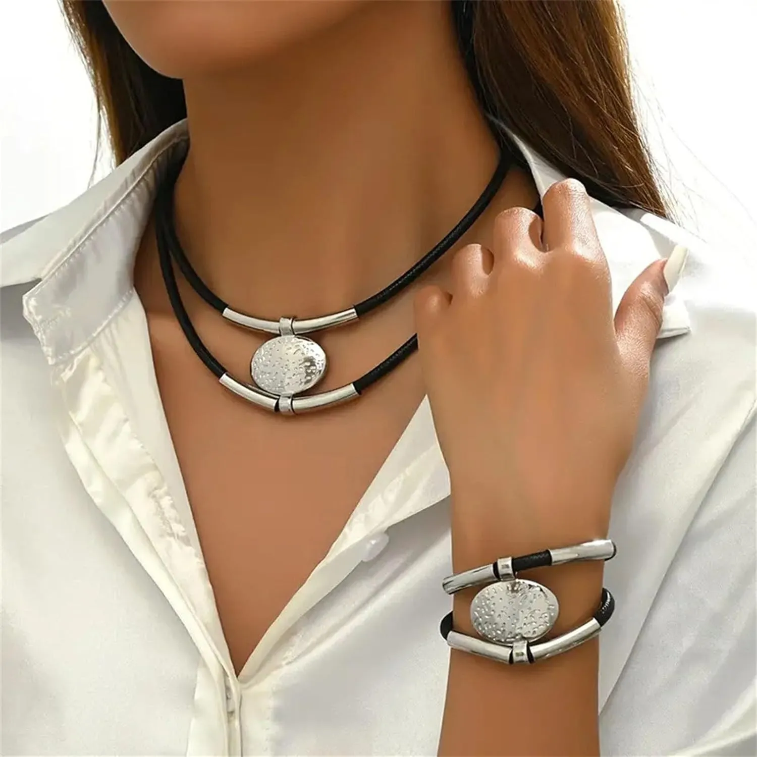 Gold Jewelry Set, Bohemian Double-Layer Black Rope With Oval Black Acrylic Pendant Necklace And Bracelet Set Vintage Trendy Golden Necklaces Bracelets For Women Gift