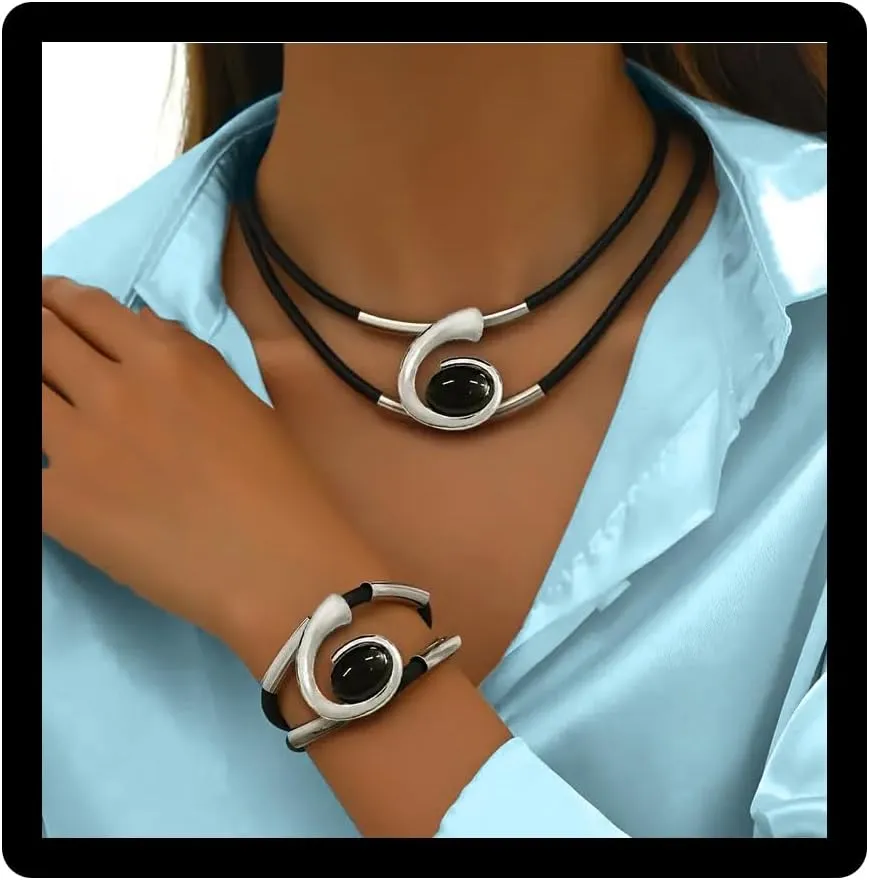 Gold Jewelry Set, Bohemian Double-Layer Black Rope With Oval Black Acrylic Pendant Necklace And Bracelet Set Vintage Trendy Golden Necklaces Bracelets For Women Gift