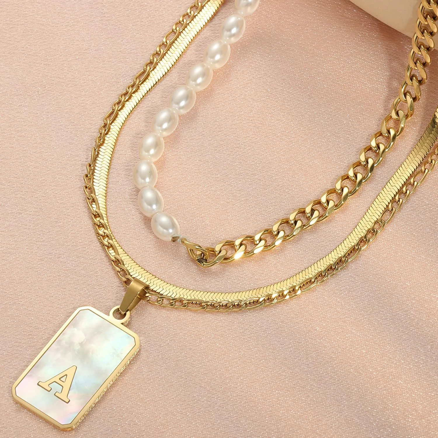 Gold Layered Initial Necklace for Women 3 Set- 14K Gold Plated Personalized Name Necklace Shell Letter Cuban Link Pearl Choker Flat Snake Chain,Dainty Layered Chain Jewelry Gift