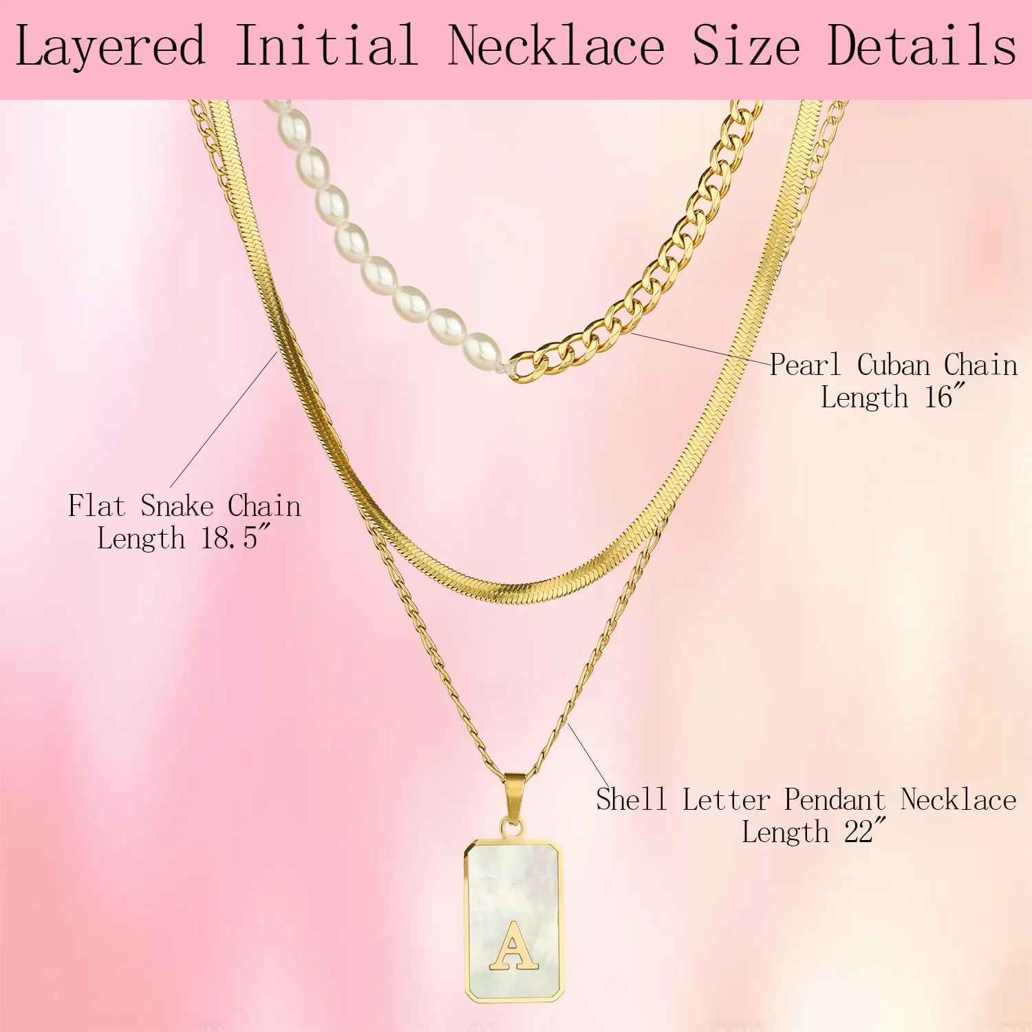 Gold Layered Initial Necklace for Women 3 Set- 14K Gold Plated Personalized Name Necklace Shell Letter Cuban Link Pearl Choker Flat Snake Chain,Dainty Layered Chain Jewelry Gift