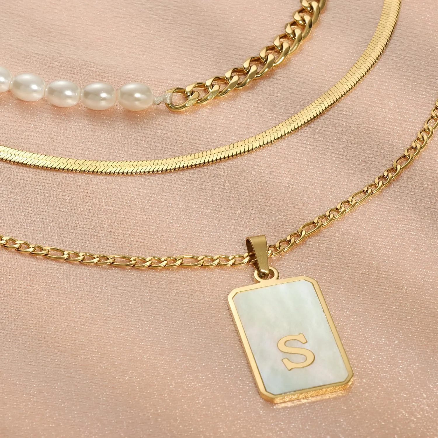 Gold Layered Initial Necklace for Women 3 Set- 14K Gold Plated Personalized Name Necklace Shell Letter Cuban Link Pearl Choker Flat Snake Chain,Dainty Layered Chain Jewelry Gift